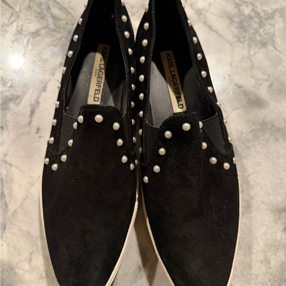 Karl Lagerfeld Black Pointed Flats with Pearl Details